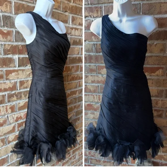 Theia one-shoulder ruched silk-blend mini dress with a rosette hem size 8 - Picture 3 of 12